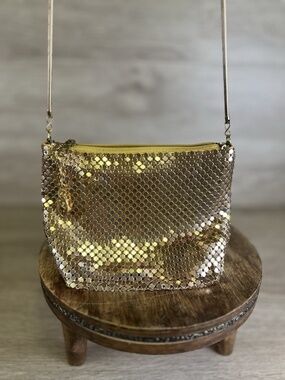 Gold Metallic Mesh Zippered Evening Bag Cross Body Long Chain